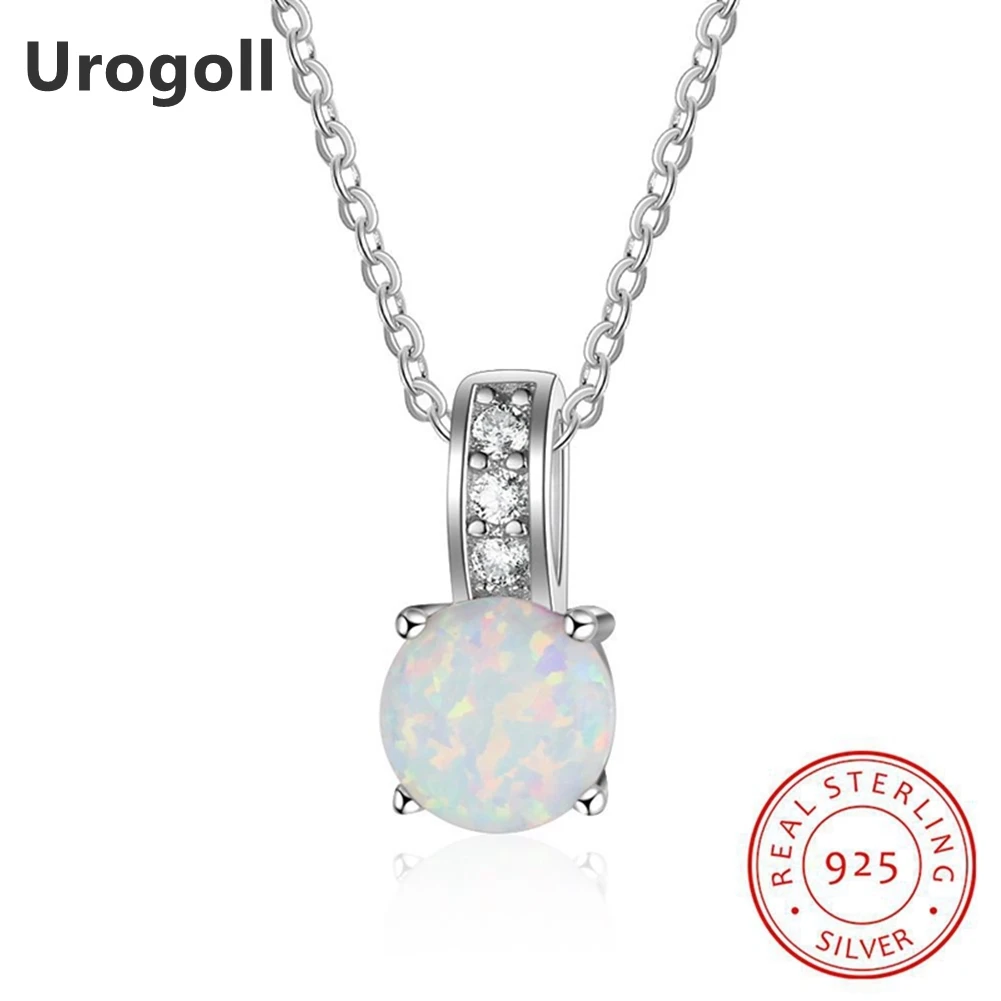 

Genuine 925 Sterling Silver Fine Jewelry Opal & Cubic Zirconia Round Pendant Necklaces For Women Anniversary Jewelry GIfts