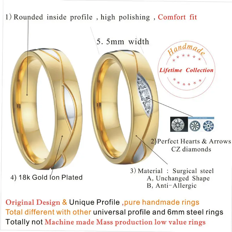 Stainless Steel Wedding Rings with Cubic Zirconias for Women and Men