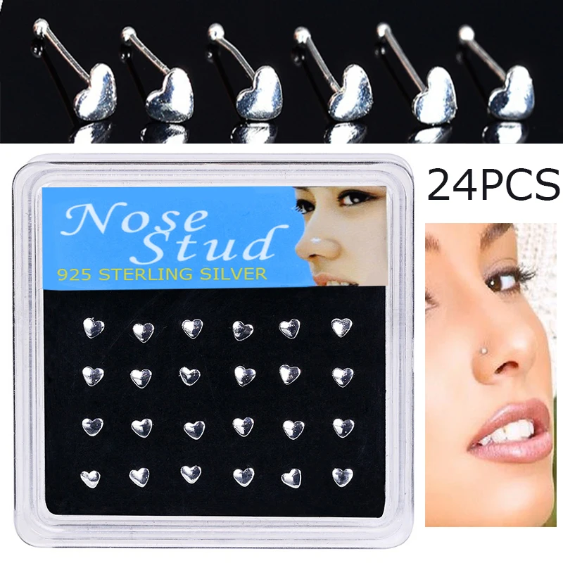 WALERV Fashion Jewelry 24PCS Boxed Nose Studs Heart Shape Nose Piercing Rings For Women Indian Nose Nail Sexy Female