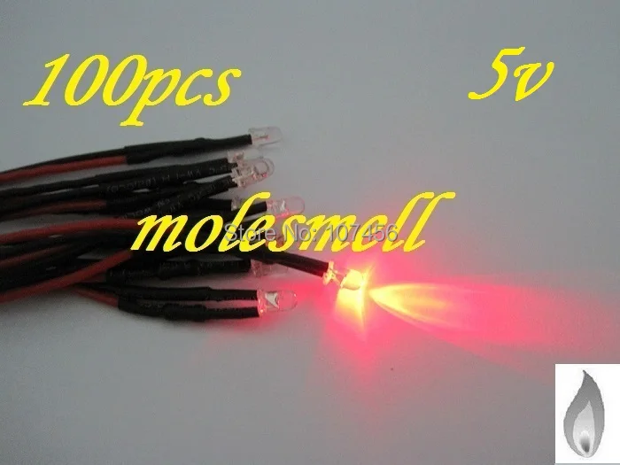 Free shipping 100pcs 3mm red Flicker 5V Pre-Wired Water Clear LED Leds Candle Light 20CM