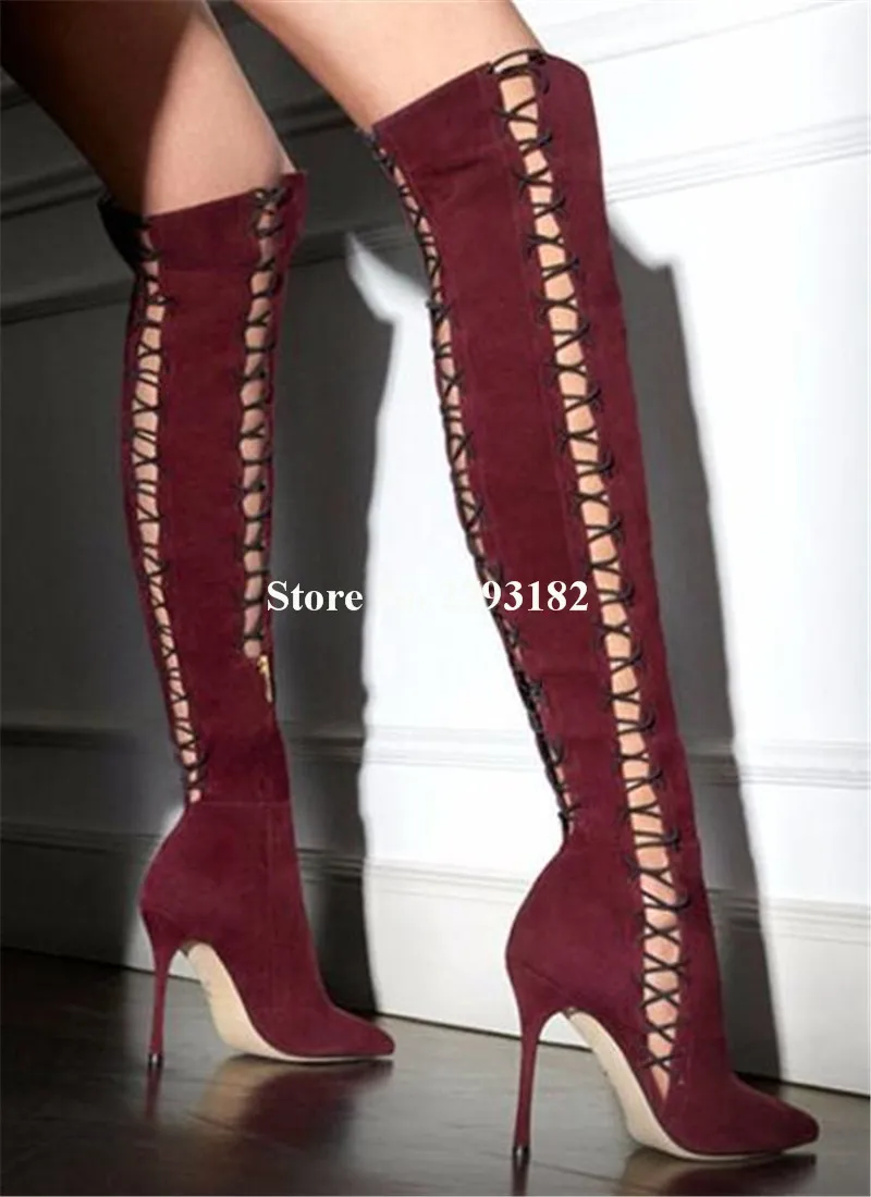 

New Design Women Fashion Pointed Toe Suede Leather Thin Heel Knee High Gladiator Boots Wine Red Cut-out High Heel Long Boots