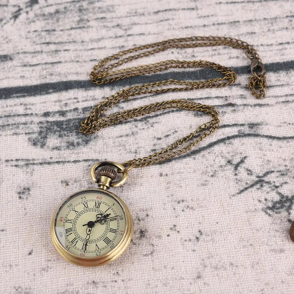 Simple Vintage Style Steampunk Beige Dial Roman Numbers Small Pocket Watch Necklace Pendant