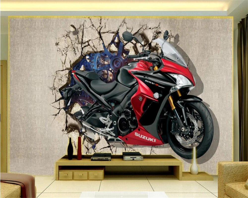 beibehang Home decoration wallpaper motorcycle broken wall into the 3D TV backdrop can be customized murals photo 3d wallpaper