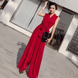 Ladies New Fashion V-Neck Jumpsuit Women Elegant Sexy Bow Rompers High Waist Jumpsuit