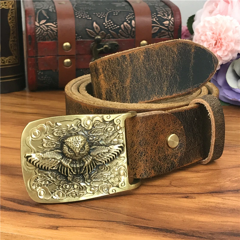 Brass Owl Belt Buckle Yellow Belts For Men Ceinture Homme Men Leather Belt Cowboy Jeans Male Leather Belt Strap Wide MBT0106