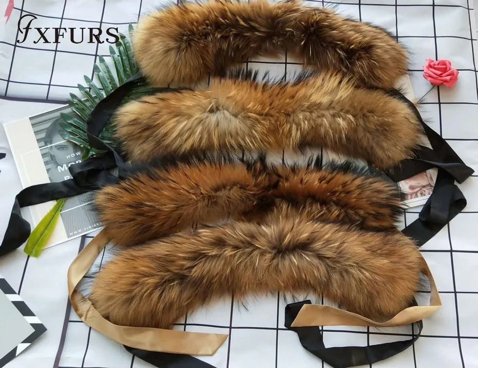 FXFURS 2020 new Fashion Fur Scarf Real Raccoon Dog Fur Collars with Ribbon Real Fur Stole for Wool Coats 48CM