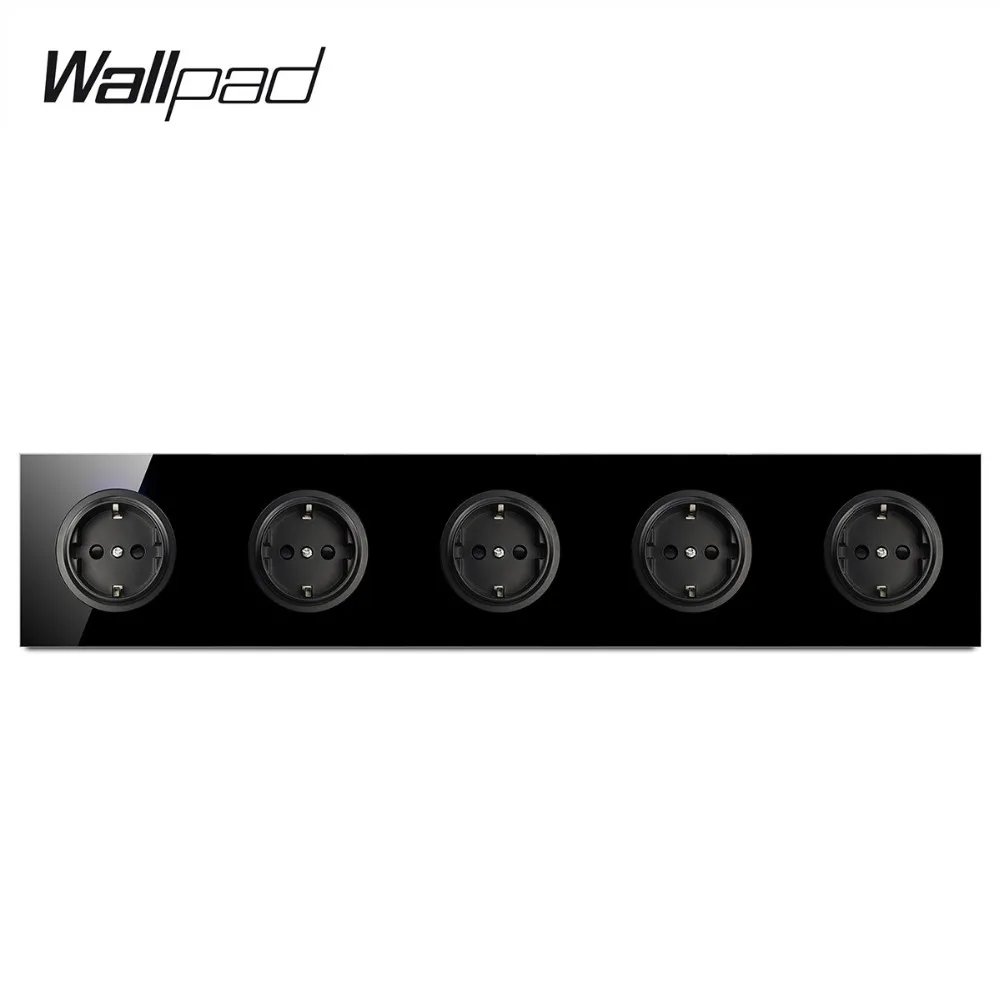 Wallpad EU Wall Socket 5 Way Electrical German Power Outlet 16A Round Design, L6 Black Tempered Glass