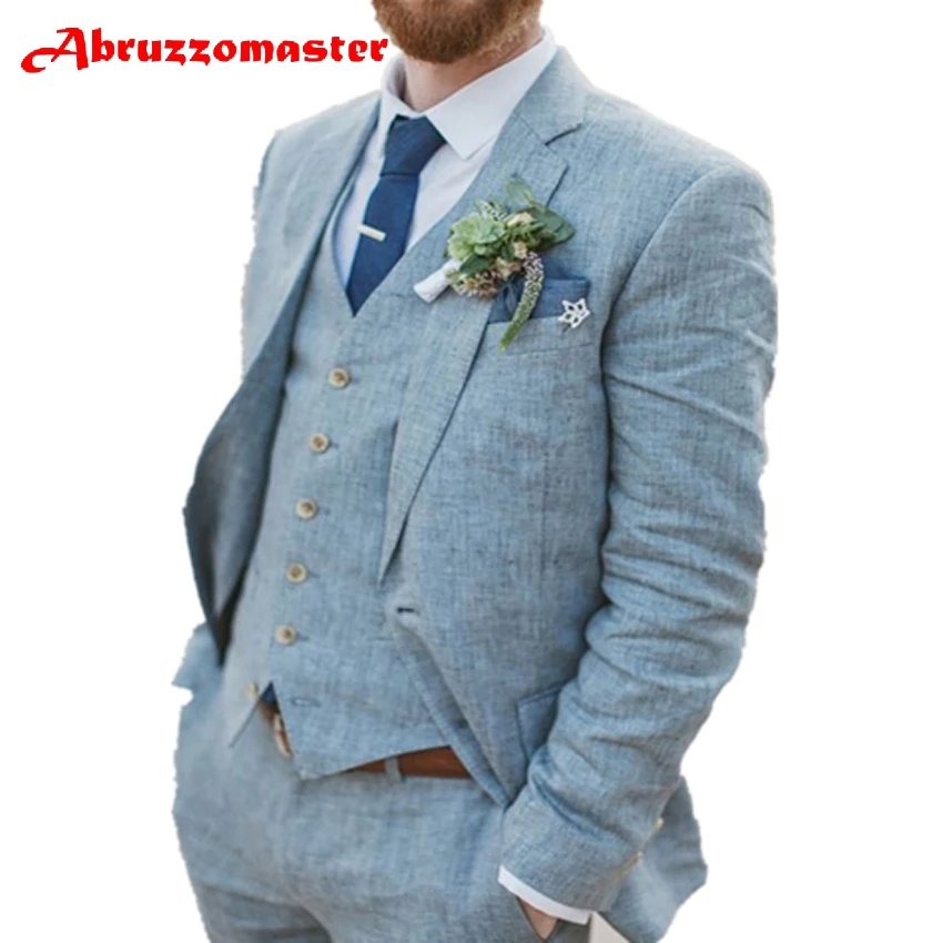 Abruzzomaster Custom Made Man Suit Groom Tuxedos Linen Groomsman Suit 3 Pieces Summer Suits Blue Beach Suits for Wedding clothes