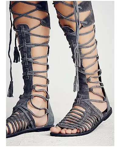 New Flat With Sandals Boots Woman Sexy Suede Knee High Lace-up Gladiator Boots Peep Toe Comfort Summer Casual Shoes Boots