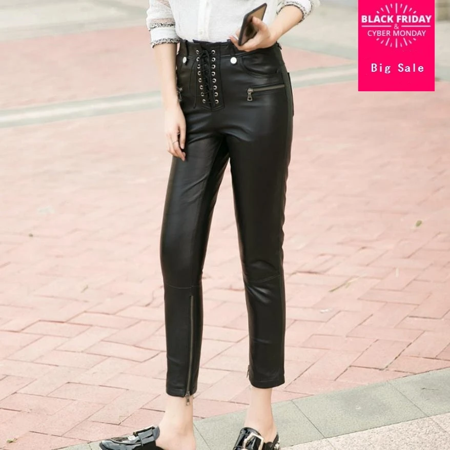 

Winter women's genuine leather pants high waist lace up Sheep skin trousers female Bottom zippe real leather pencil pants L1592