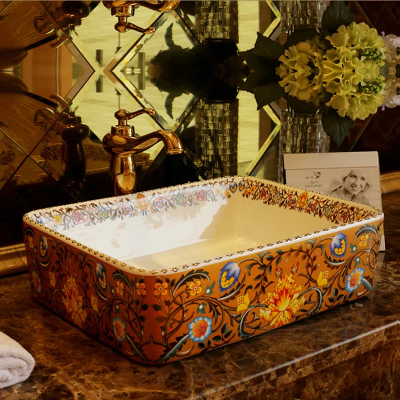 

Europe style chinese wash basin vessel sinks Jingdezhen Art Counter Top ceramic basin sink sink rectangular wash basin