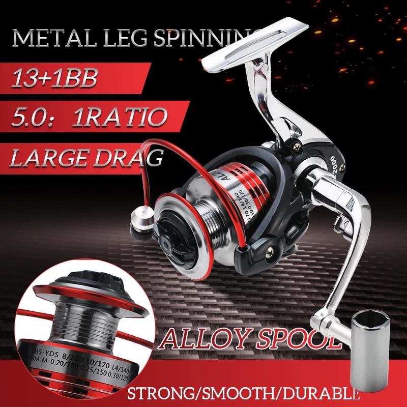 Full Metal Aluminum Body Fishing Wheel, Spinning Reel, Boat, Rock, Bait, Carp, 13 + 1BB, 1000-7000 Series