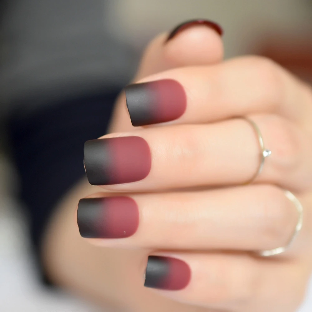 Gradient French Matte Fake Nails Claret-red Wine Black Frosted False Nail Tips Square Top Nails Art For Bride Party Wear