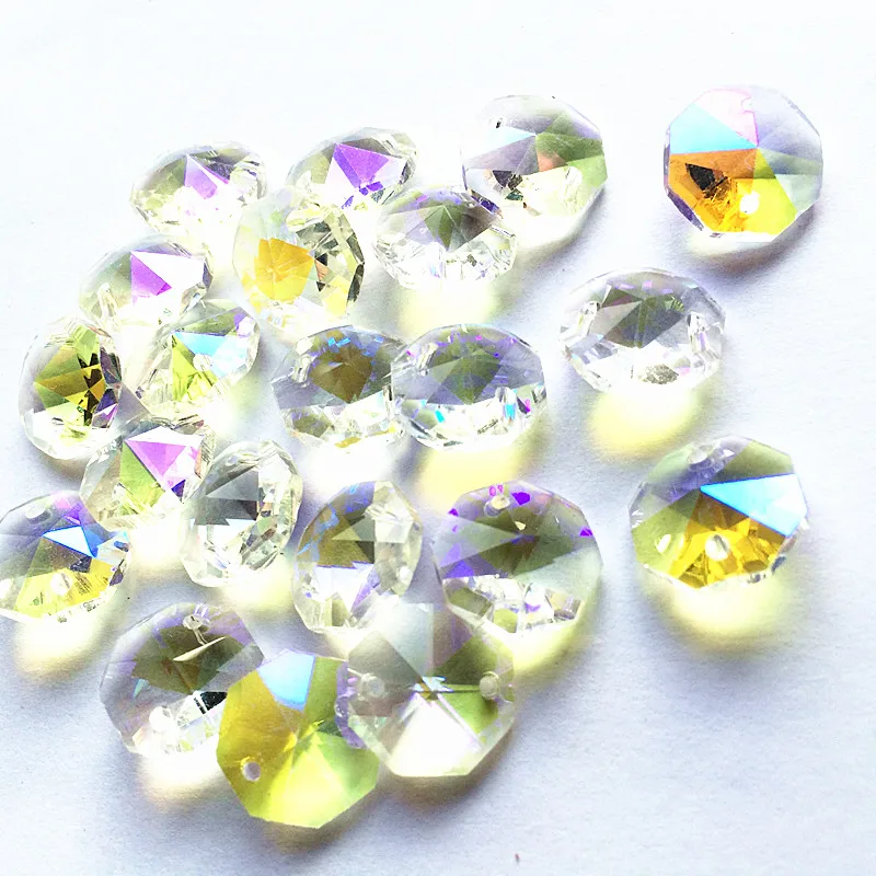 Top Quality 100pcs AB Color 14mm Glass Octagon Chandelie Parts in Two holes (Free Rings) Diy Accessories Crystal Curtain Beads