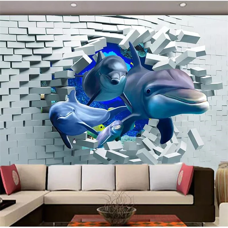 

wellyu 3D brick wall broken wall deep-sea animal dolphin three-dimensional living room wall custom large mural wallpaper