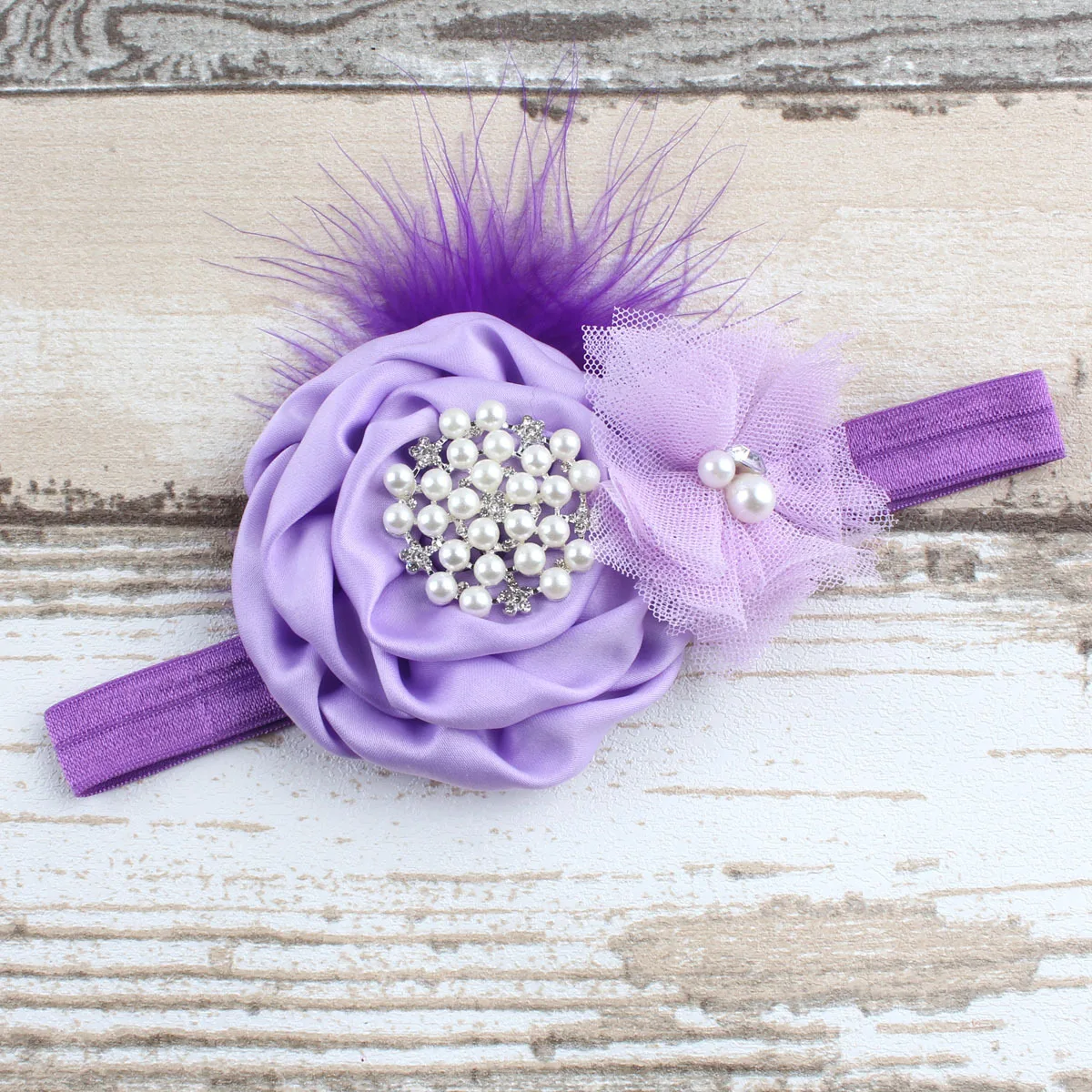 Diadema elástica con plumas para niña recién nacida, banda para el pelo con flores y perlas, accesorios para el cabello