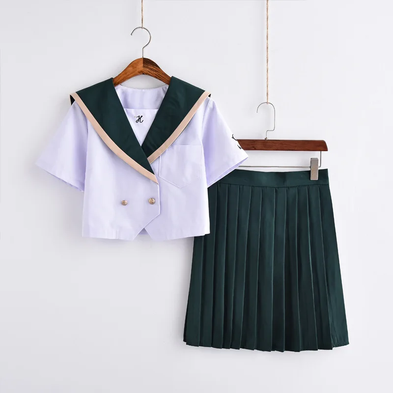 Japanese Jk School Uniform For Girls Embroideried Logo Short Sleeve High School Women Casual Sailor JK Uniforms Sets Green XXL