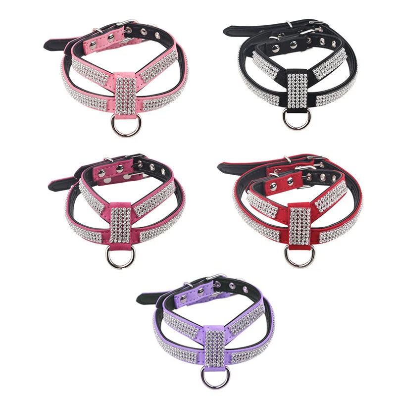 Luxury Bling Rhinestone Dog Harness for Small Medium Dogs Puppy Adjustable Soft Leather Pet Harness with Diamond York Chihuahua