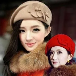 Lady Warm Fedoras Hat Girls Woolen Fedoras Cap Cute Fashion Double Flowers Berets Cap Woolen Hats Caps Women\'s Hats B-8914