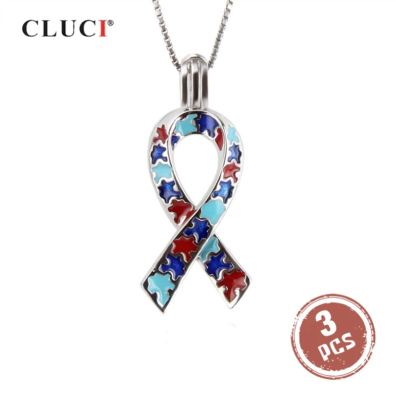 CLUCI 3pcs 925 Sterling Silver Autism Hope Pendant Women Pearl Locket Jewelry Silver 925 Pendant for Autism Awareness SC278SB