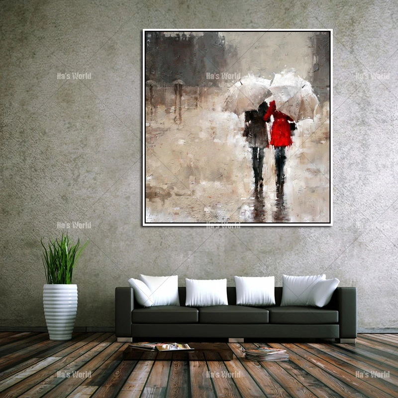 

100% Handpainted Free Shipping Oil Painting on Canvas Handmade Wall Art Modern Rain Landscape Picture Two People