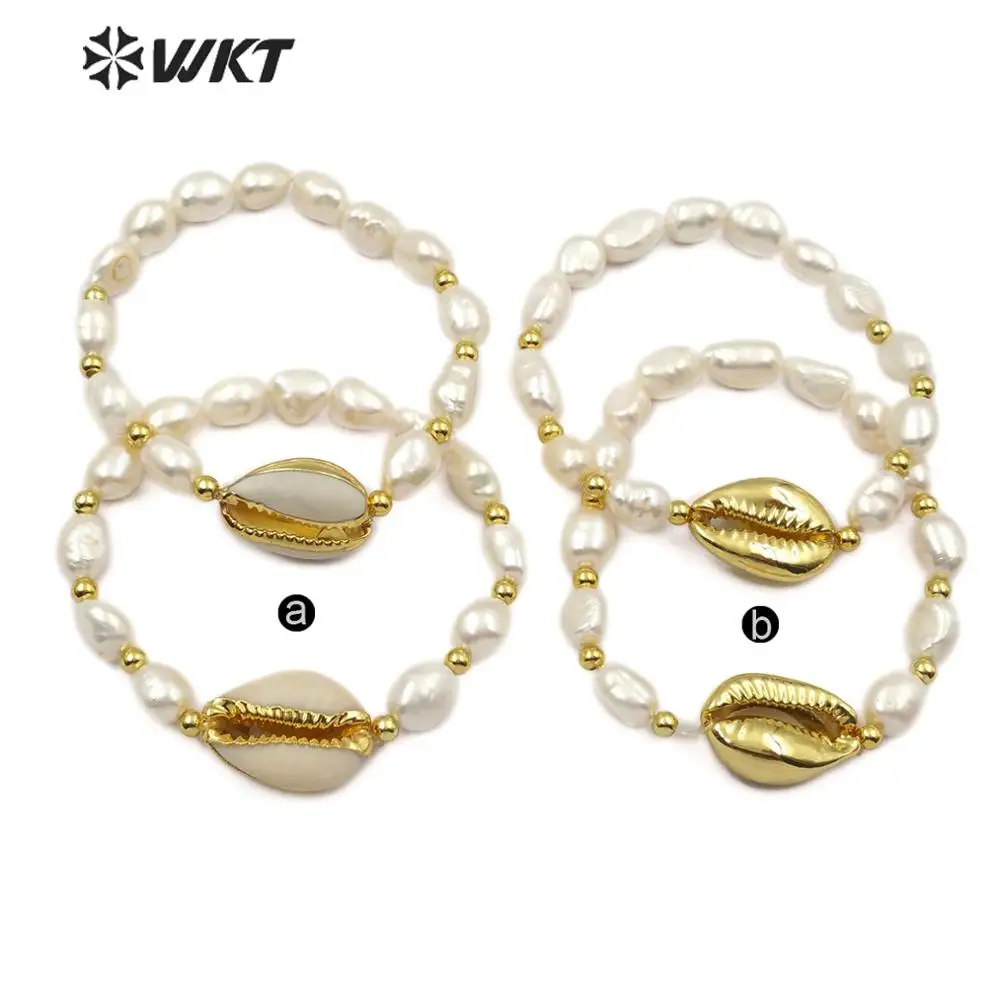 WT-B458 WKT Cowrie&Pearl Bracelet Gold Dipped  Cowrie Pendant With Pearl Charm Women Fashion Bracelet Jewelry