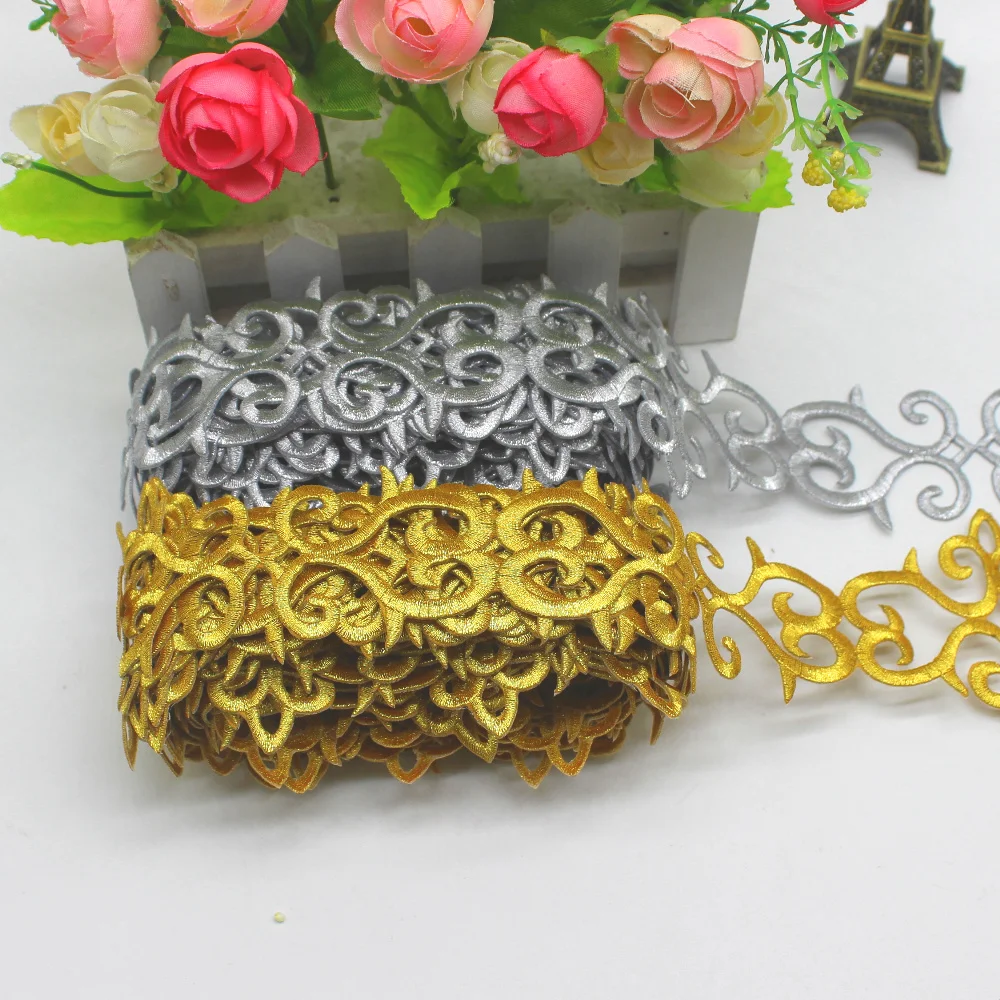 6 Yard/Lot Cosplay Lace Ribbons Gold Lace Embroidered Appliqued Iron On Europe Vintage Diy Gold and Sliver 6.6cm