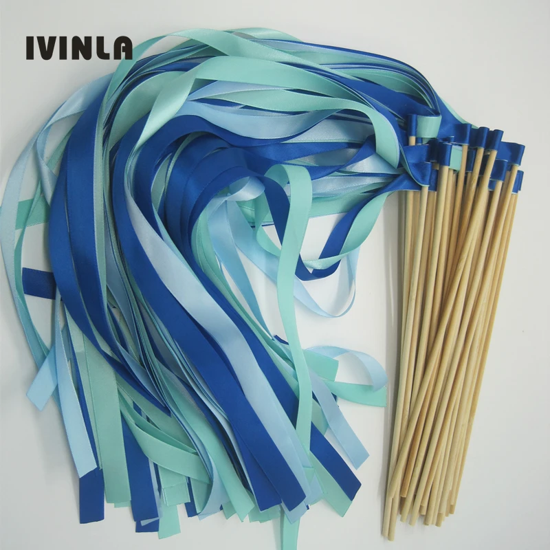 Newest 50pcs/lot royal +light blue +green stain Wedding Ribbon Wands stick without Bells for wedding party