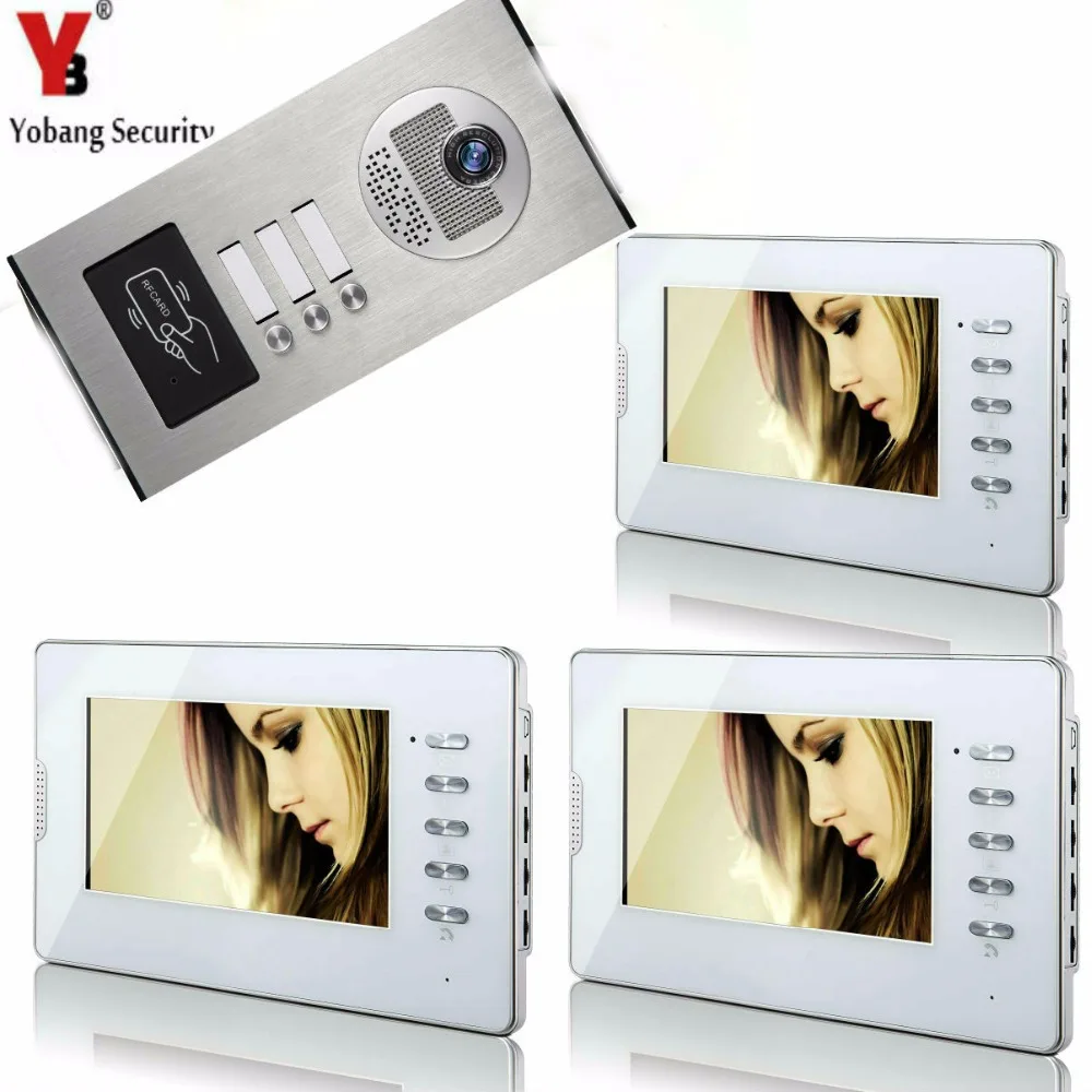 

Yobang Security 7" Video Intercom Door Phone 3 White Monitors Doorbell Camera for 3 Family Apartment + RFID Access System