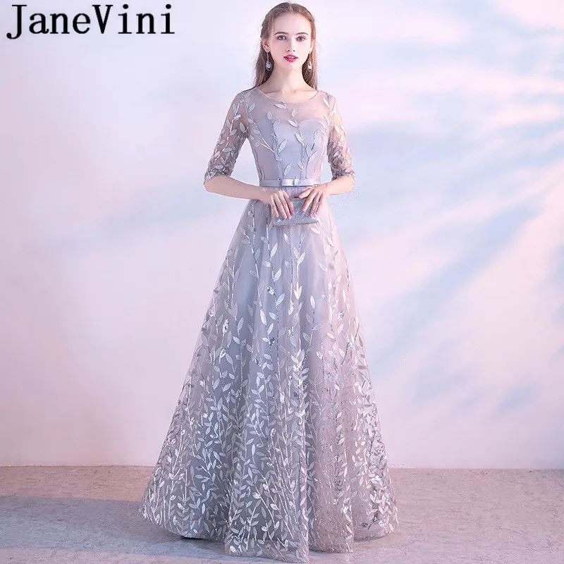 

JaneVini Light Gray Sequined Leaves Ladies Wedding Party Dress With Half Sleeves Long Elegant Bridesmaid Dresses Robes Formal