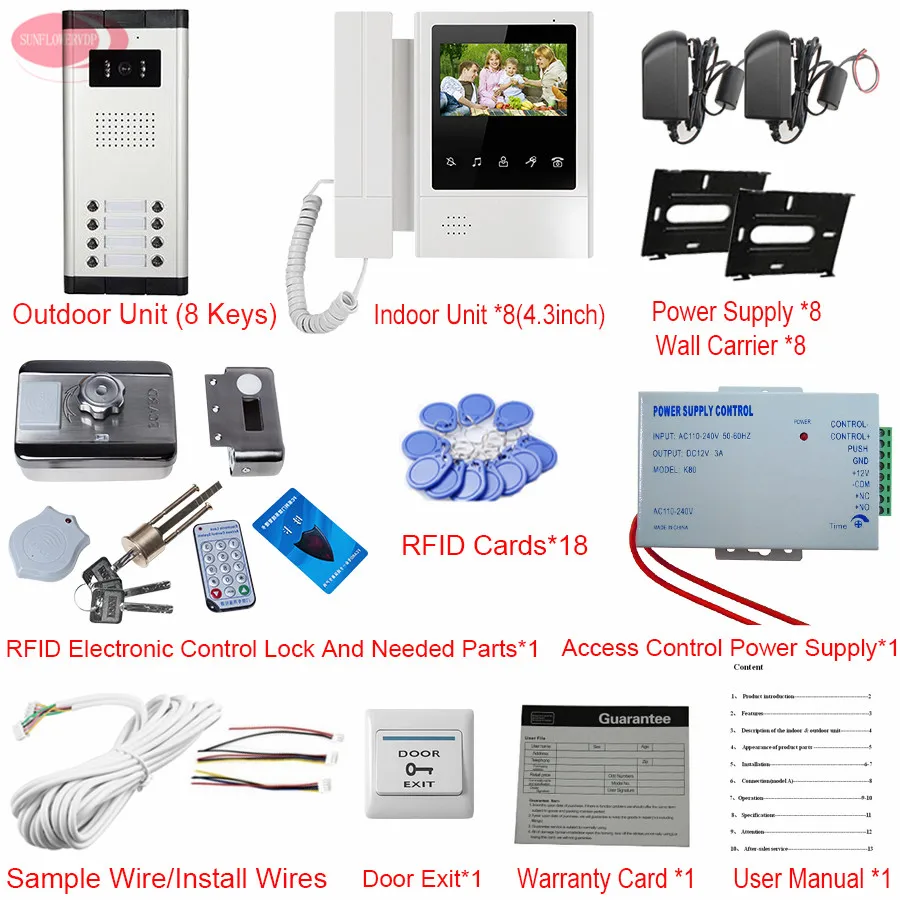 For 2/3/4/5/6/ 8/10 Apartments Color Video Door Phone Doorbell 4.3\