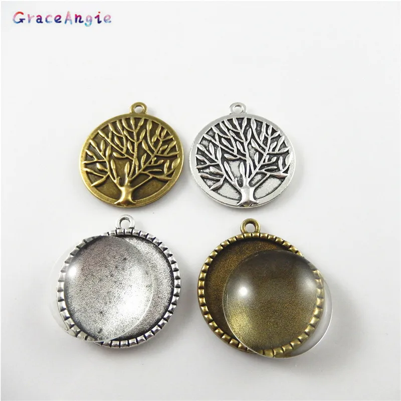 GraceAngie 8Pcs Mixed Color Round Tree of Life With Glass Sheet Pendant Charms Necklace Accessory Creative Jewelry 52774