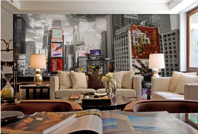 

The custom 3D murals,black and white New York's times square modern street building ,living room sofa TV wall bedroom wall paper