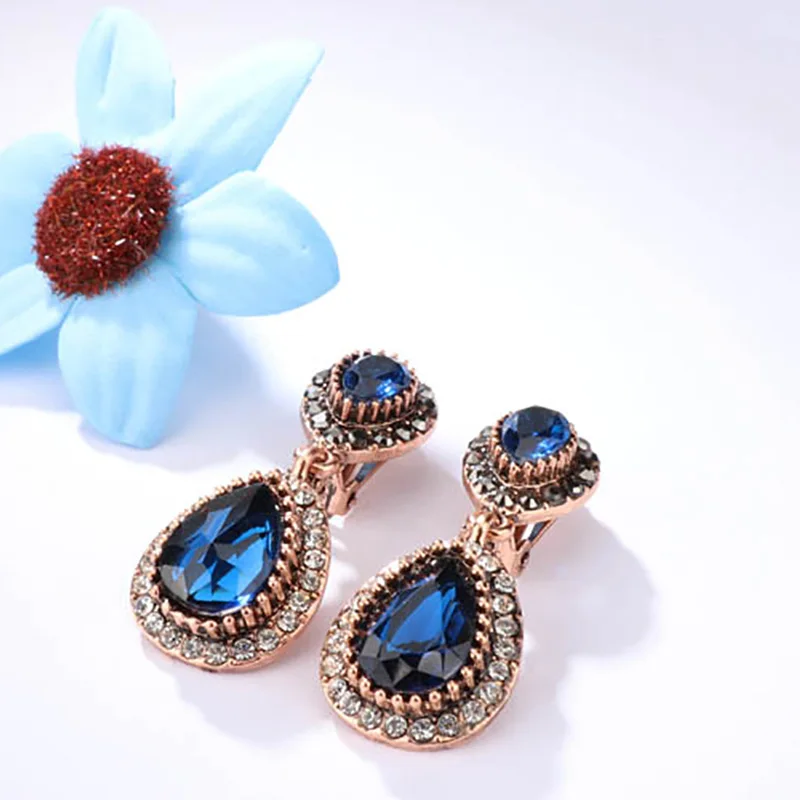 Vintage Big Blue Red Stone Drop Earings Antique Gold Crystal Statement Earrings For Women Fashion Turkish Jewelry 2018