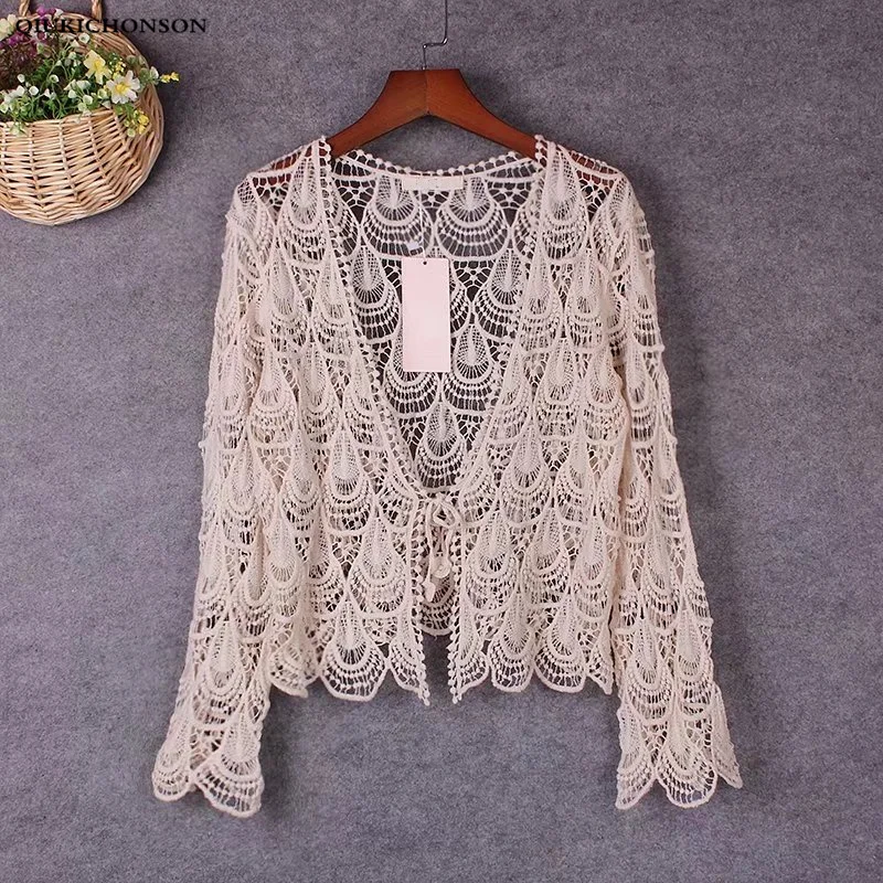 Tie Front Cardigan Summer Hollow Out Phoenix Flower Crochet Lace Cardigan Women Bohemian Crop Tops Ladies Lace Blouses femme