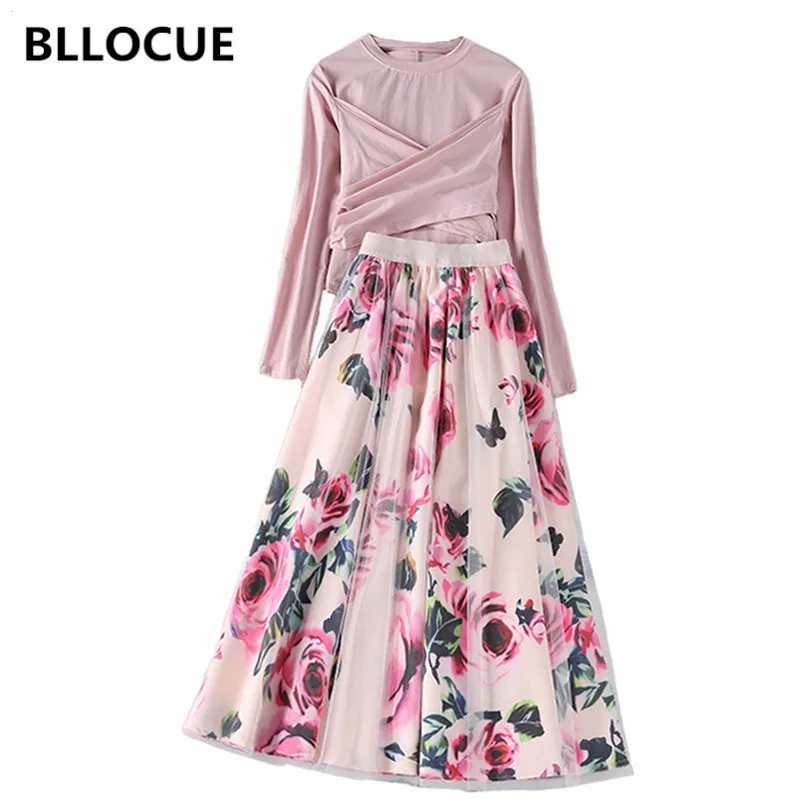 

BLLOCUE High quality 2021 Spring Autumn Designer Runway suit Women long Sleeve Pink Tops+Rose Print Skirt 2 Piece Set