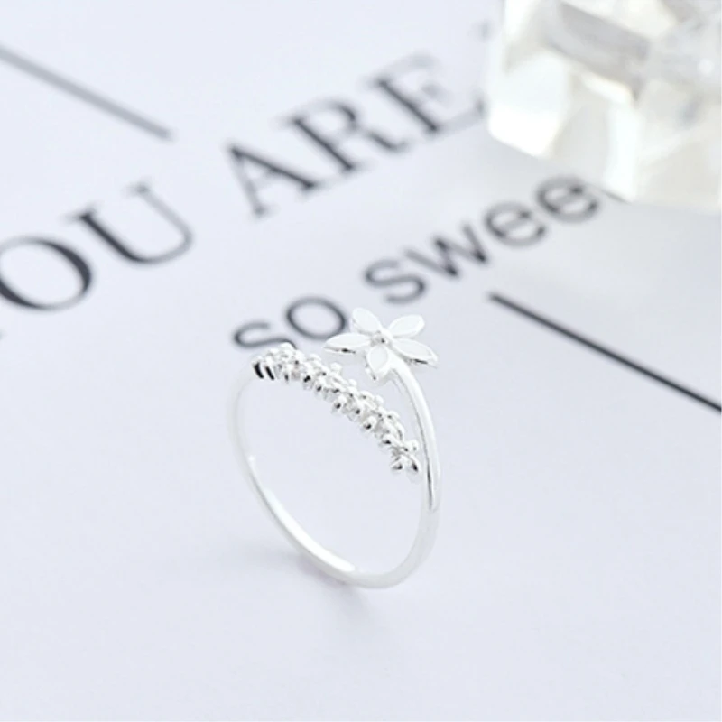 Fresh Flower Silver Color Temperament Personality Literary Fashion Gift Korea Female Resizable Opening Rings SRI172 image 5
