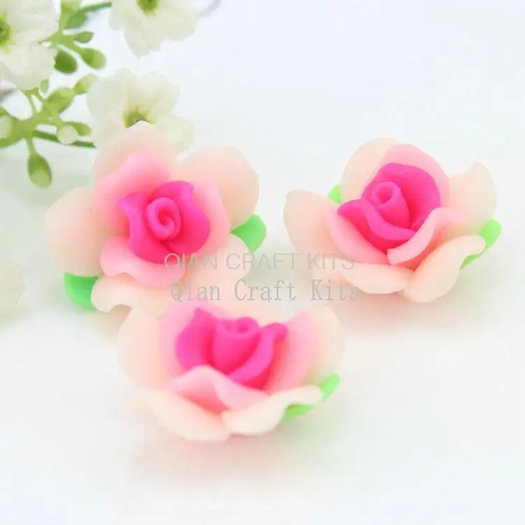 100pcs Pink Polymer Clay Flower Beads Rose Beads Cabochons 26mm DIY hair bow cell phone decor handmade  D25