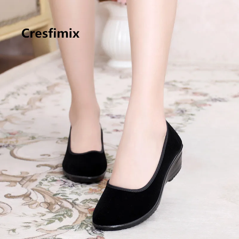 Cresfimix women fashion sweet wedge heel black slip on cloth shoes lady retro casual comfortable shoes zapatos de mujer a3197