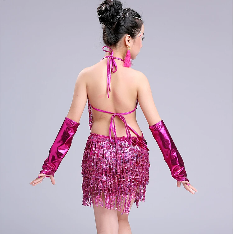 Vestido de dança brilhante para meninas, roupa para competição de dança jazz roupas de dança infantil com lantejoulas e borla