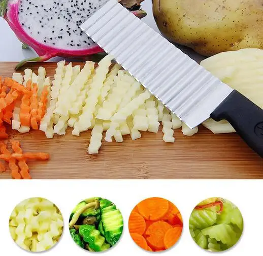 20pcs Black Potato French Fry Cutter Stainless Steel Kitchen Accessories Serrated Blade Easy Slicing Banana Fruits Potato Wave