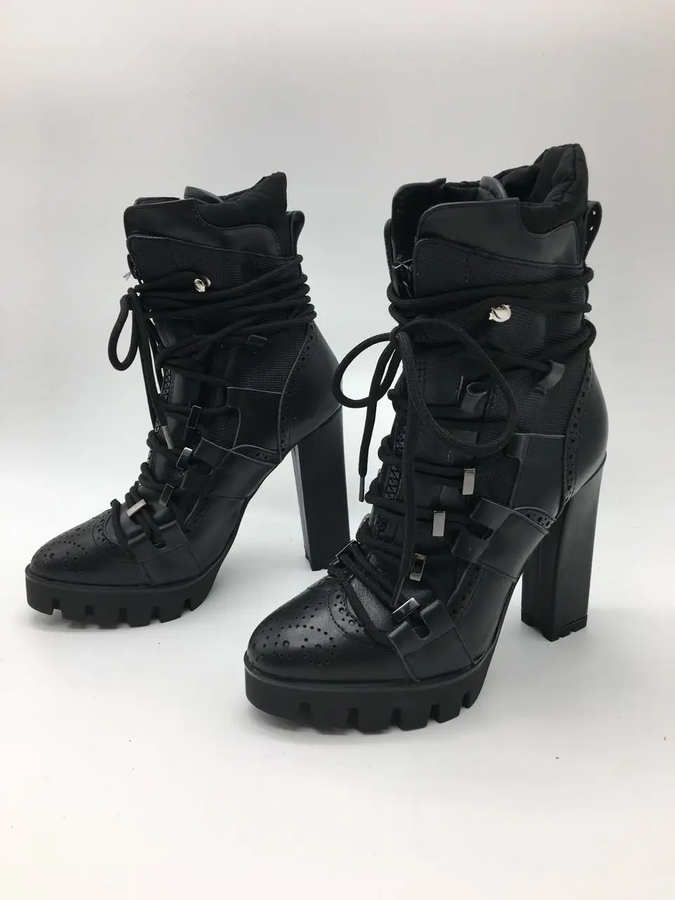 Sestito Women Cool Black Cross-tied Platform Motorcycle Boots Ladies Square High Heels Ankle Boots Girls Real Leather Shoes