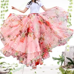 Bohemia Fashion Sweet Cute Holiday Pink Floral Chiffon Long Maxi Female Skirt Summer Designs Plus Size Faldas Largas Elegantes