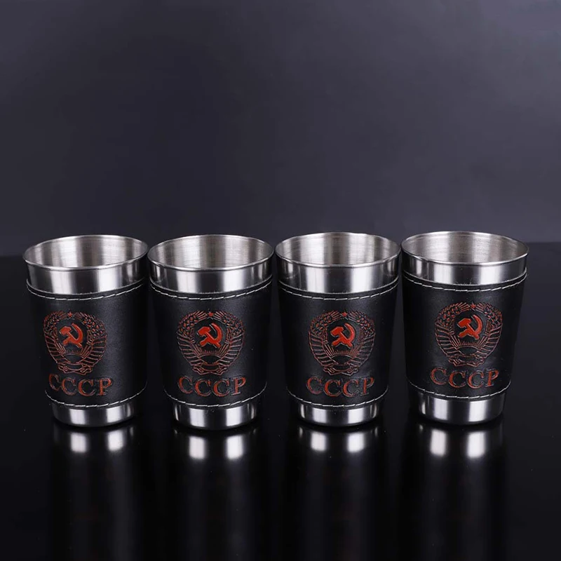 4Pcs/Lot 170ml Travel Cups Outdoor Camping Cup Tableware Home Wine Whiskey Mugs Stainless Steel With Black PU Leather For Hiking