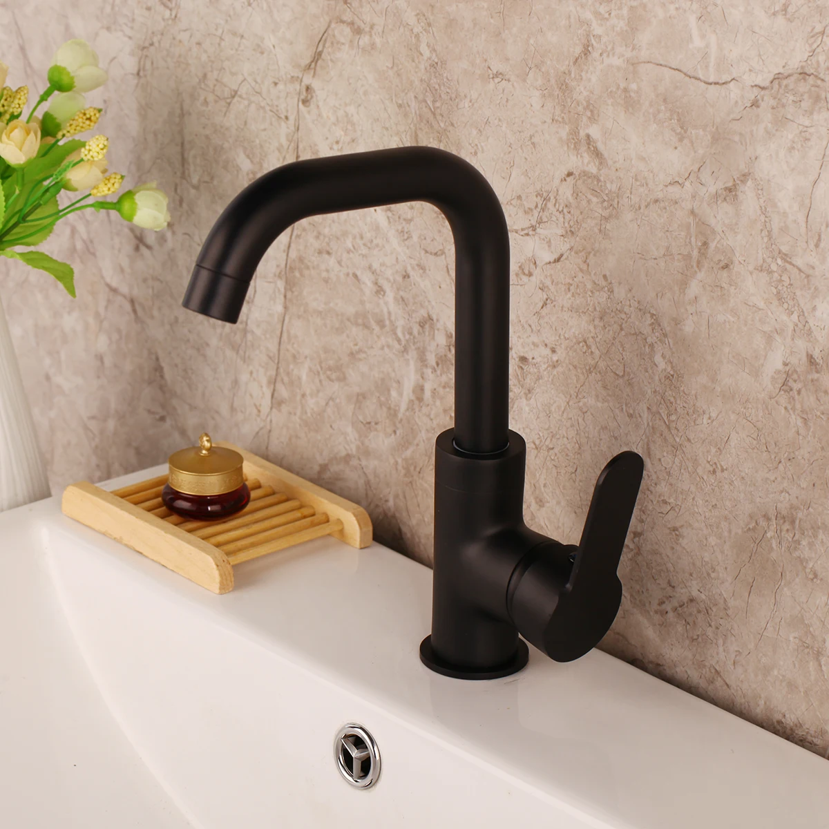 OUBONI Black Paint Swivel Spout Kitchen Faucets Hot Cold Water Mixer Tap Kitchen Faucets Black Color Brass Crane Mixer Tap