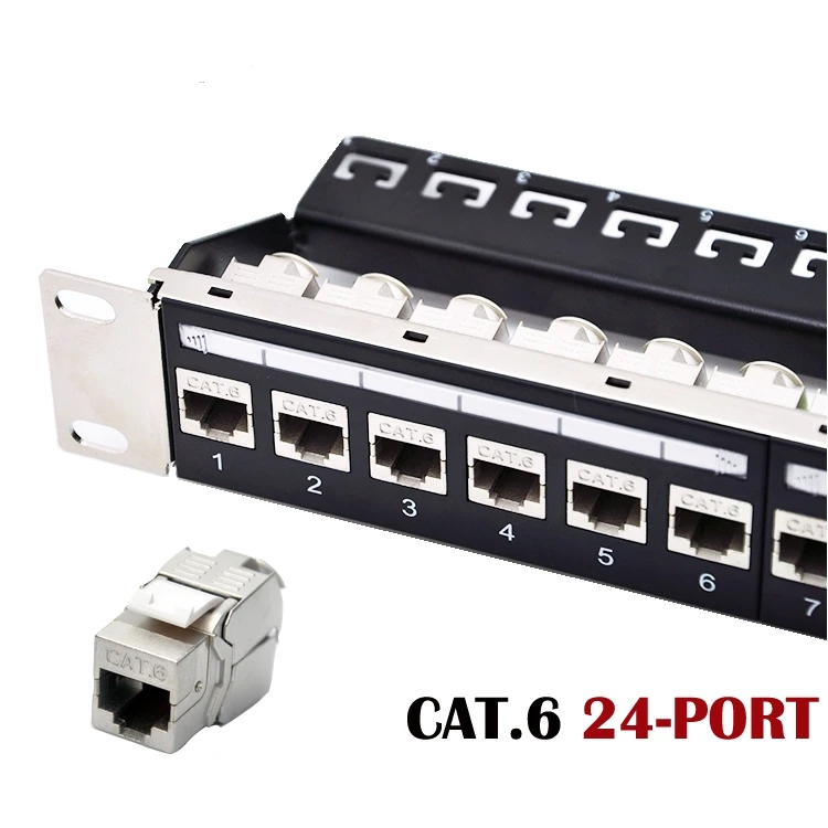 24-port Cat6 Shielded Modular Patch Panel Incl. 24pcs of Cat6 Shielded Tool-free Type Keystone Jacks, 19