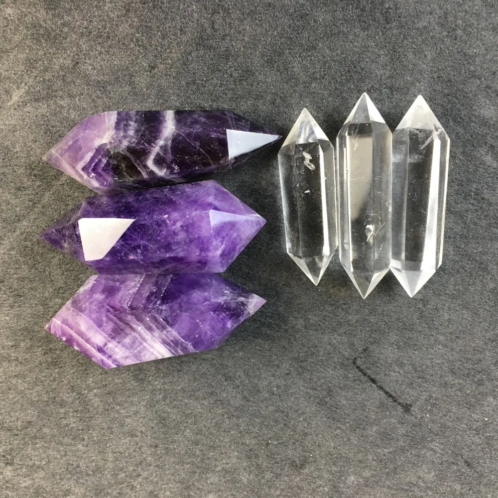 

Natural quartz crystal obelisk 3amethyst +3clear double point healing