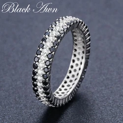 Black Awn 2024 New Classic Silver Color Jewelry Bague Round Black Spinel Engagement Rings for Women Bijoux Femme C443