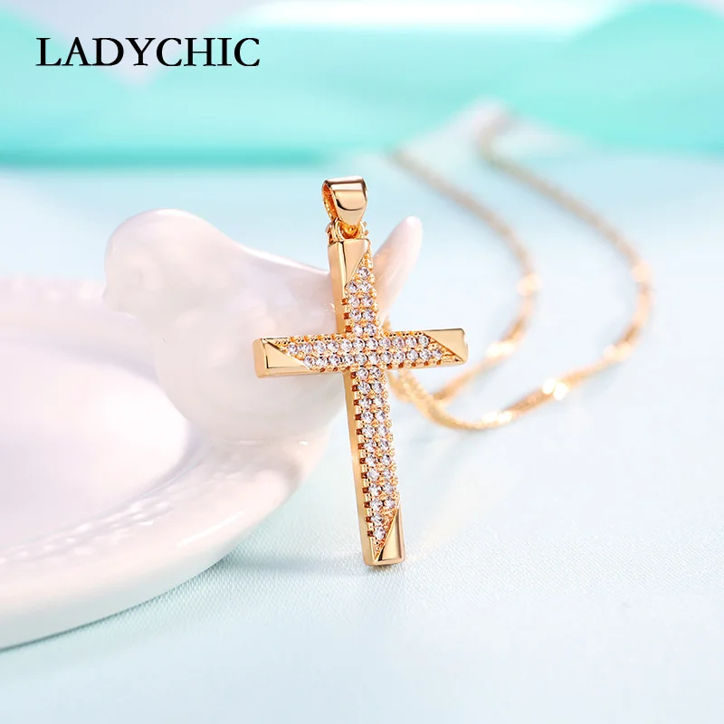 LADYCHIC Gold Color Cross Charm Pendant Necklace with Austrian Zircon Crystals Men & Women Christ Jesus Cross Necklaces LN1109