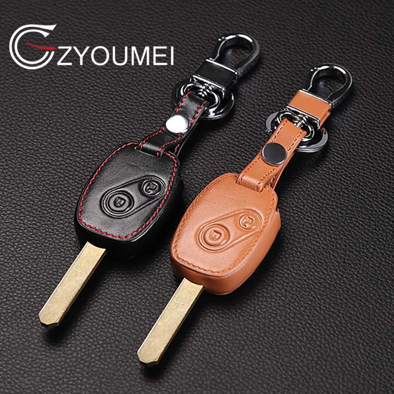 Genuine Leather Car Key Case Cover Key Chain Ring holder for Honda Accord Civic CRV Pilot Remote Key, 2 Buttons Protect cover